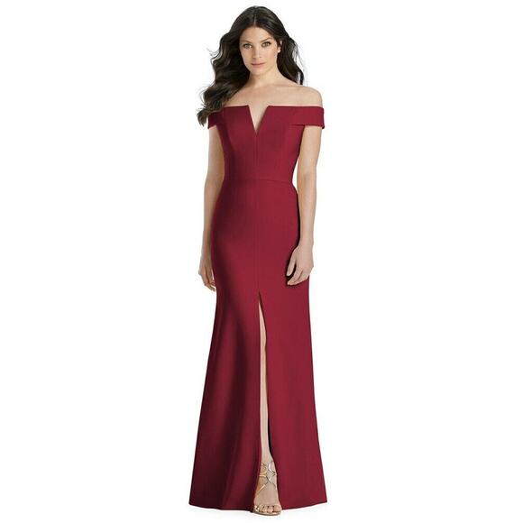 Dessy Collection NWOT 3038 Off-The-Shoulder Notch Front Slit Trumpet Red Gown 8 - Picture 1 of 5